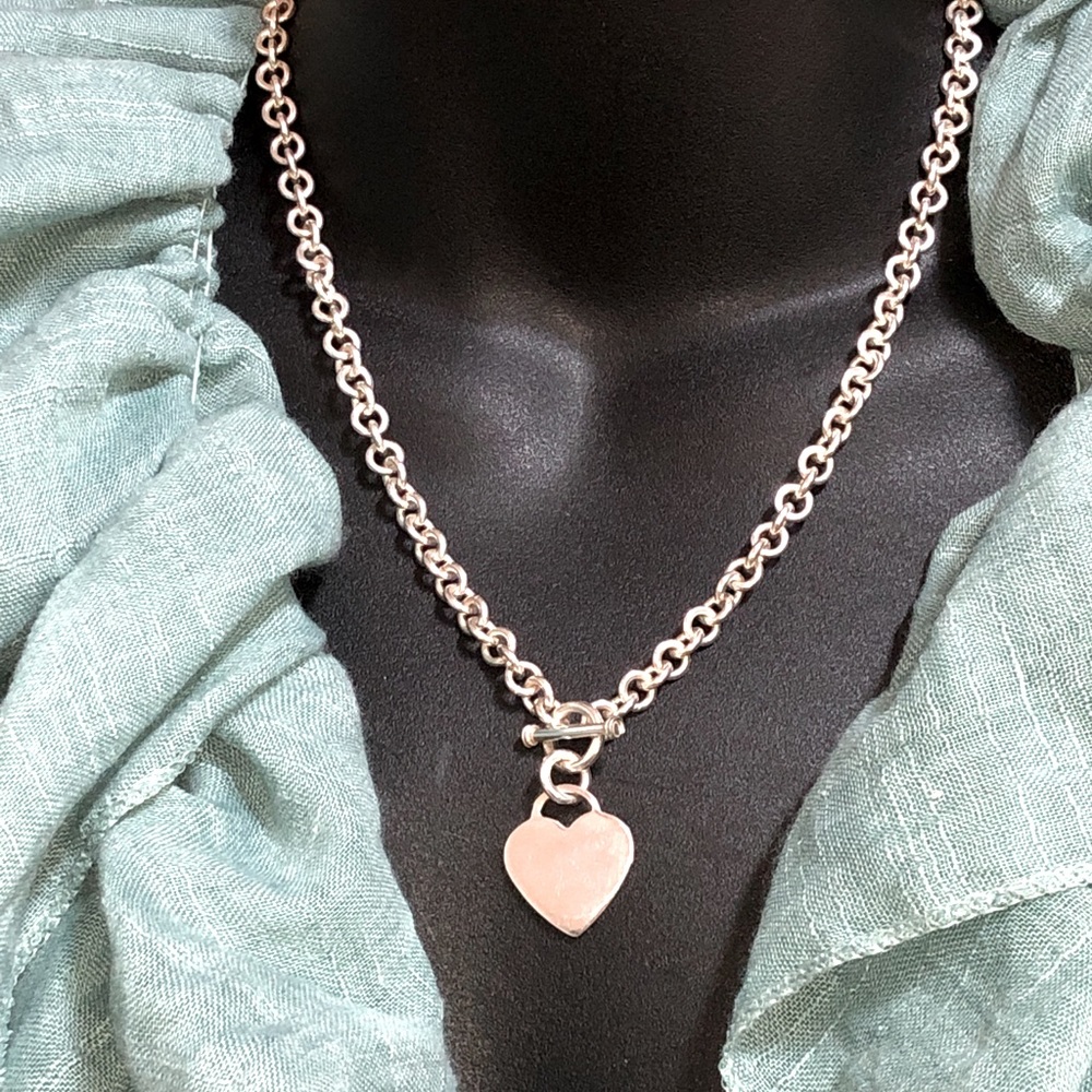 Solid Sterling Silver 925 Rolo Toggle Clasp Heart… - image 1